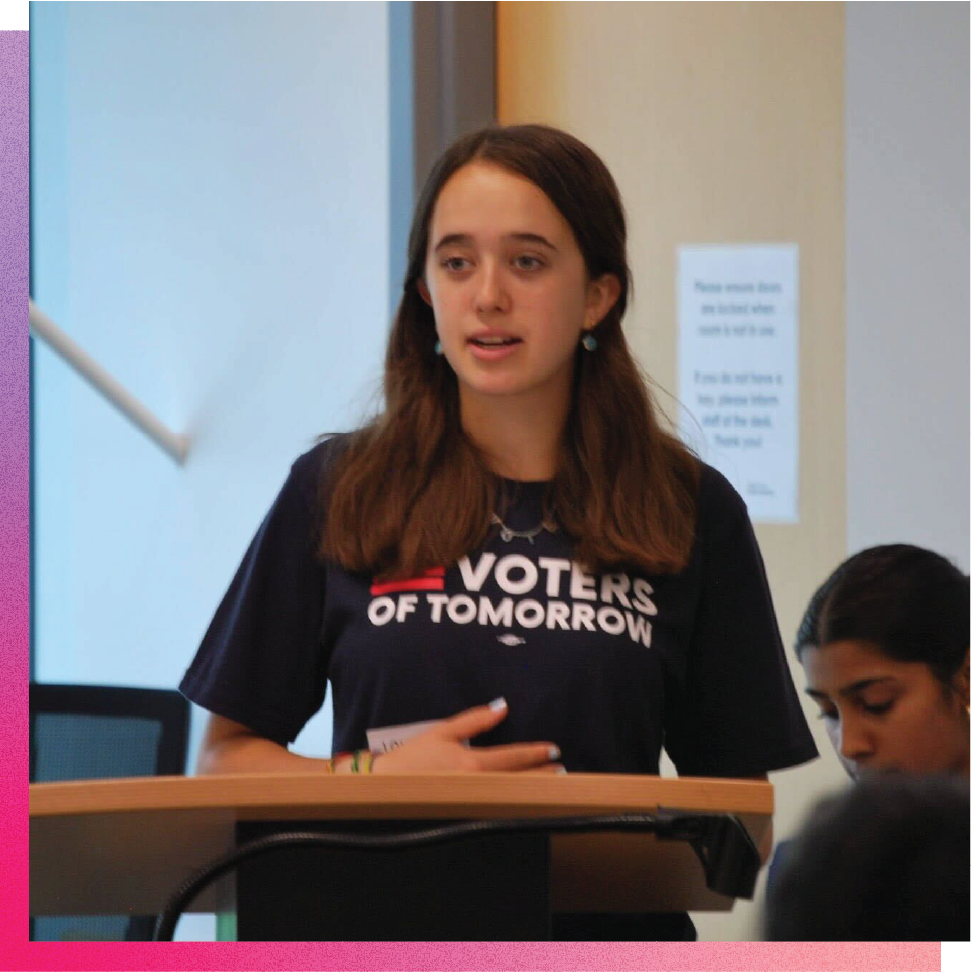 Student activist speaking at a Voters of Tomorrow event